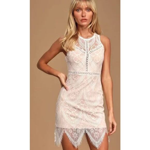 Lush Dresses & Skirts - Lush Size Small Lace Bodycon Dress Ivory Nylon Fringe Handkerchief Hem